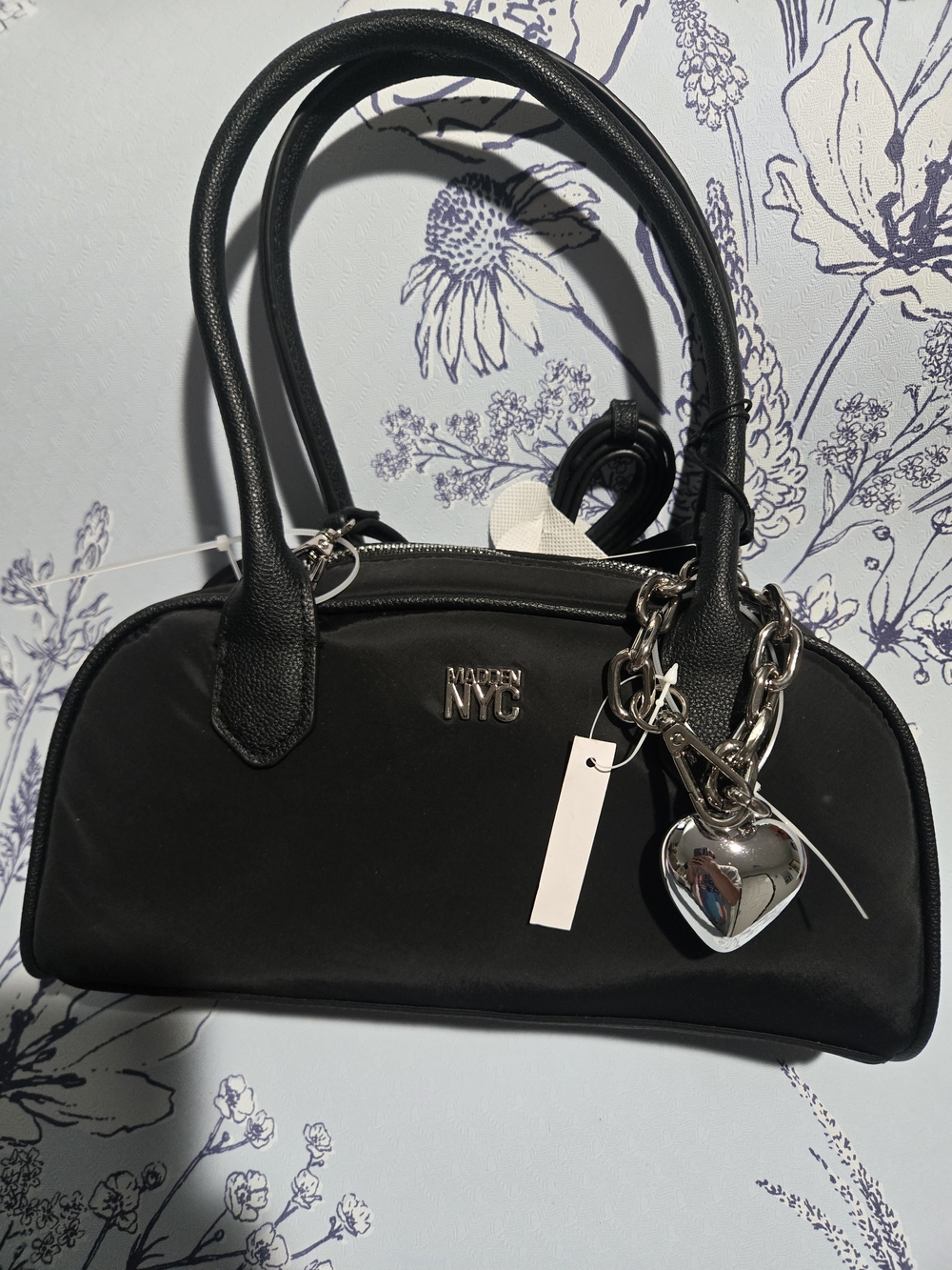 Madden NYC Black Heart Charm Satchel with Chain Accent